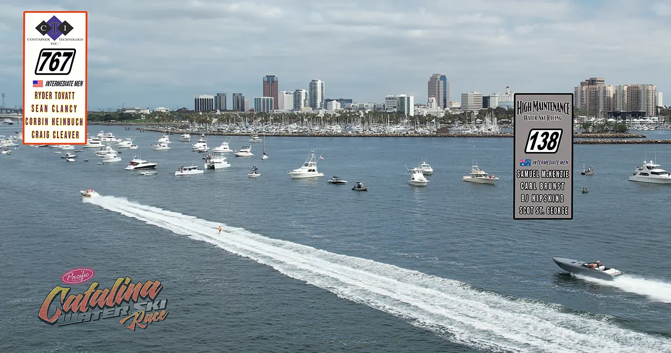 Catalina Ski Race finish line with boats and Long Beach skyline