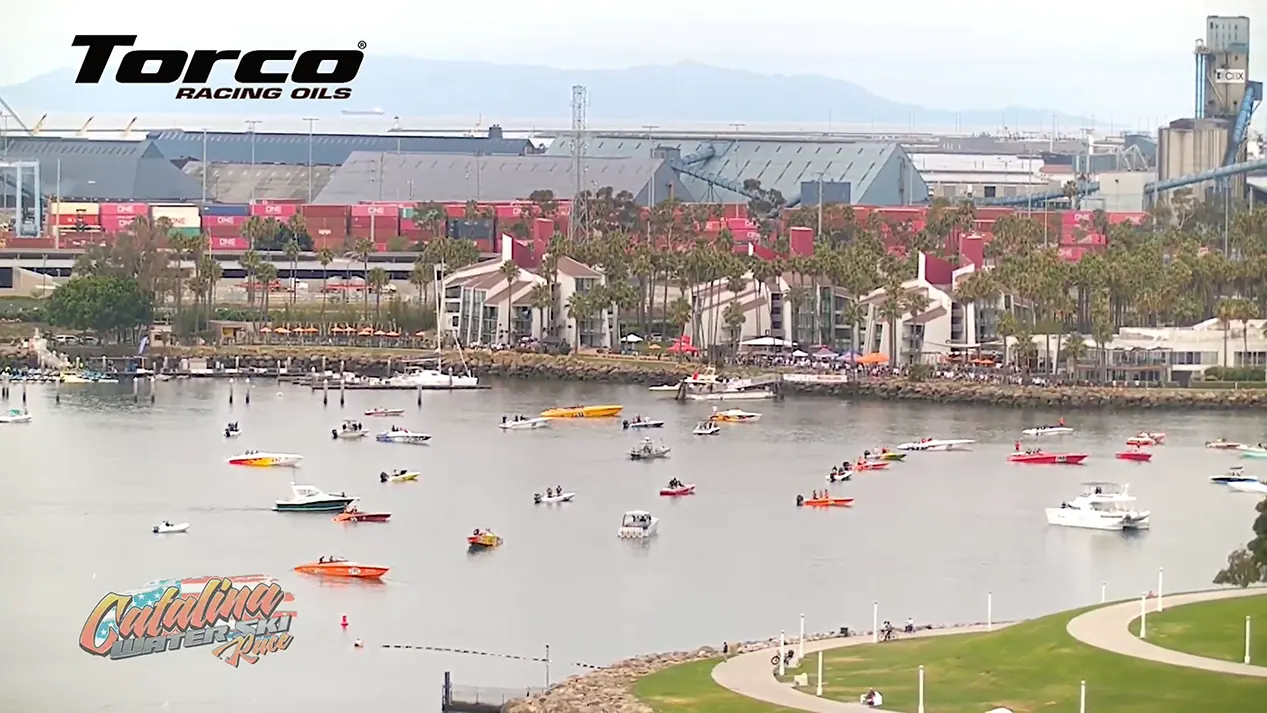 Aerial view of the Catalina Ski Race fleet near Long Beach
